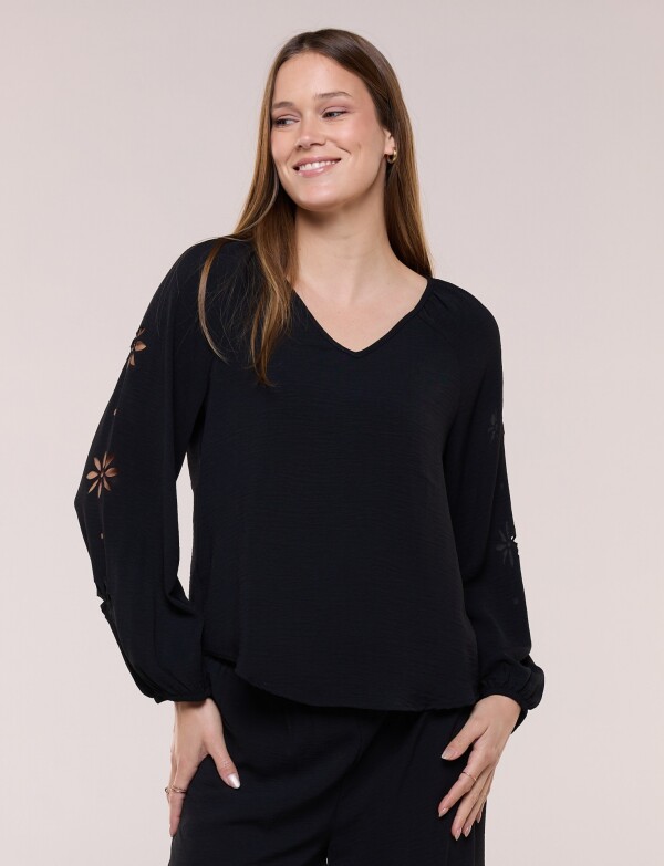 Blusa Con Calado Lateral Floral NEGRO