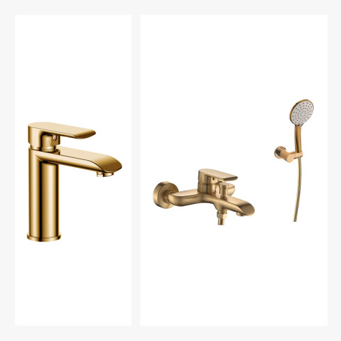 Juego De Griferia Completo. Incluye Ducha Externa Y Lavatorio Bajo Apertura En Frio, Oro Semi Mate Aqualia DORADO-BRUSHED GOLD