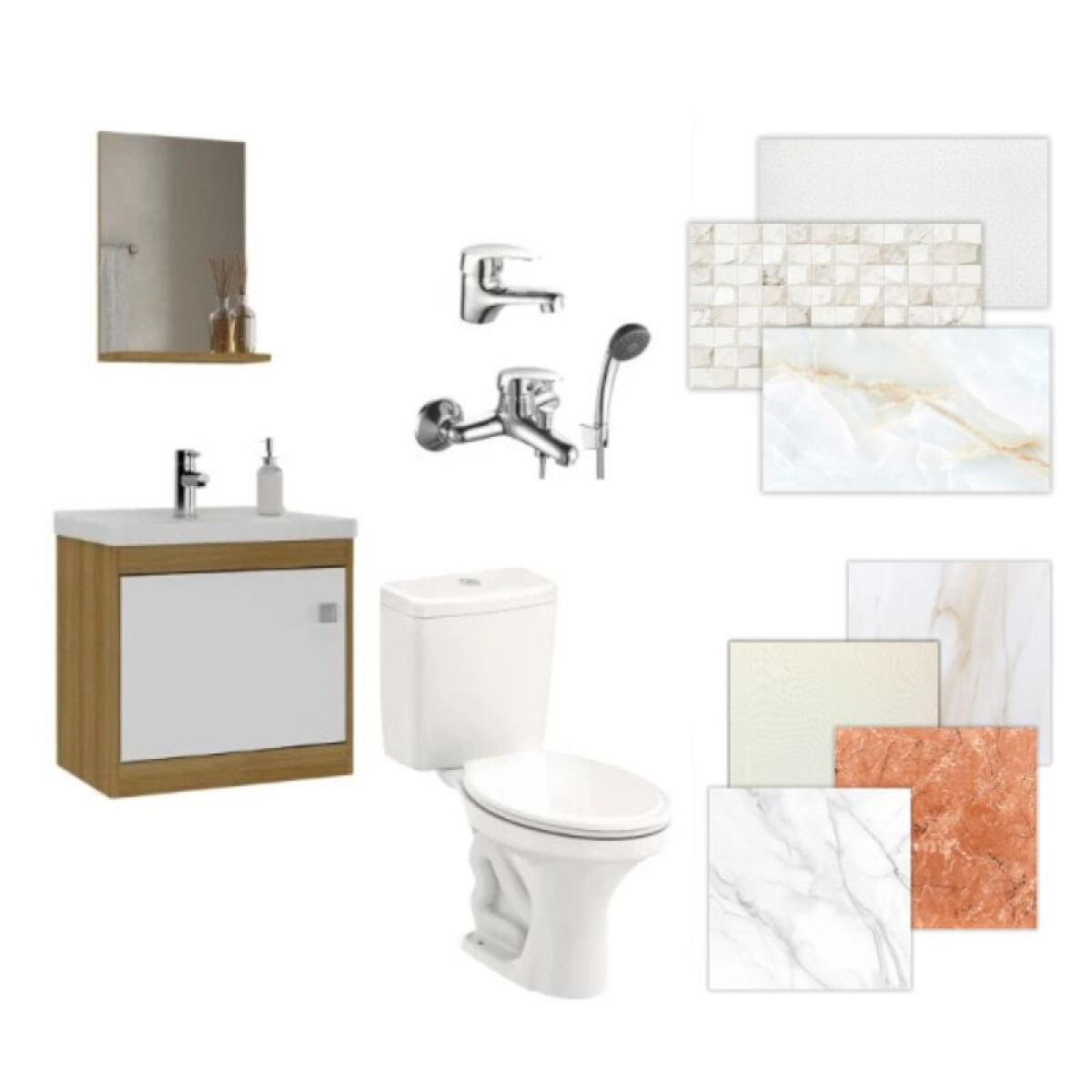 BAÑO COMPLETO N°1 INODORO CON MOCHILA + MUEBLE DE BAÑO 50 CM CON ESPEJO + GRIFERIA + CERAMICA DE PISO Y PARED 