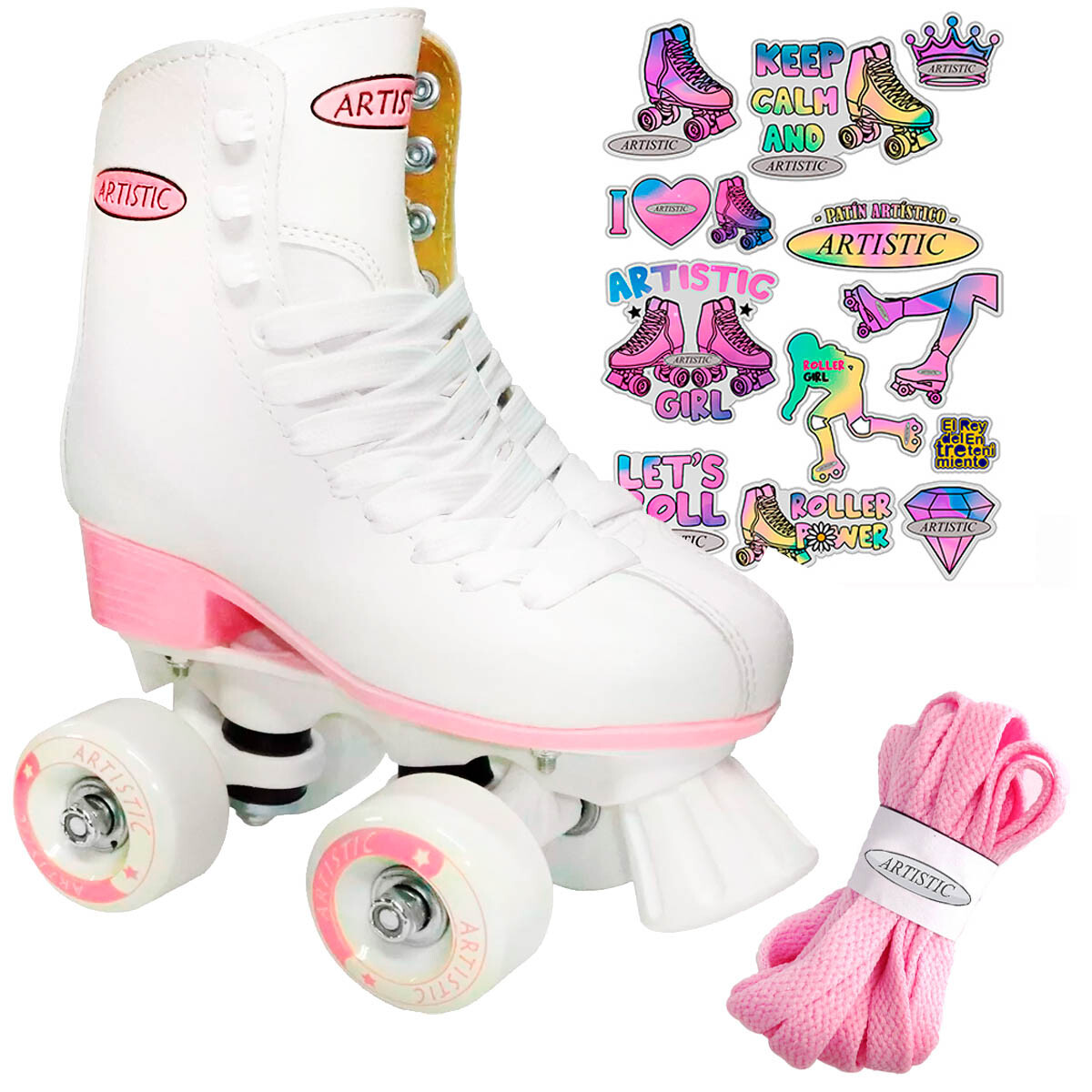 Patín Artístico Bota Dura C/Base Rosada + Regalos - Blanco 