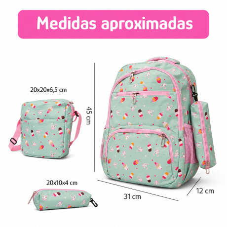 Set Mochila 3 Piezas Estampado Helados Escolar Resistente Verde Claro