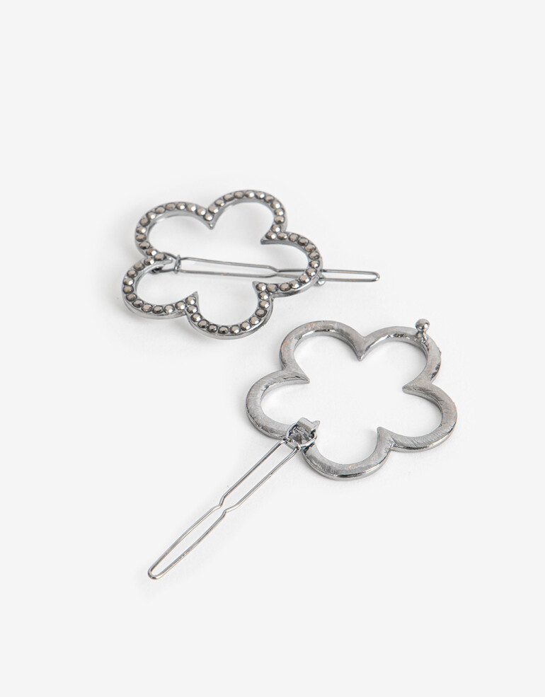 Horquillas con Accesorios Strass Set De 2 Hebillas Tic Tac En Forma De Flor Con Strass. - Plateado Rodio