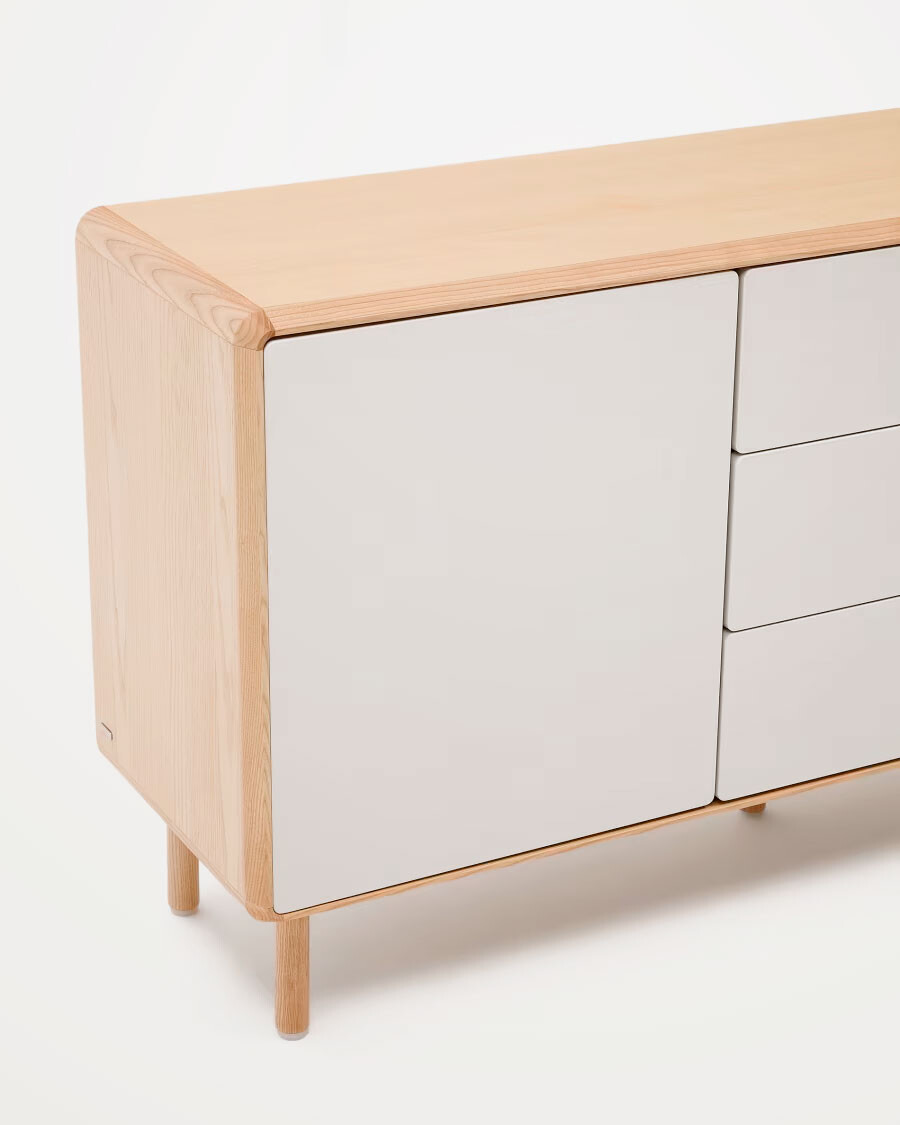 Aparador Anielle 1 puerta y 3 cajones de madera maciza y chapa de fresno 150 x 78 cm
