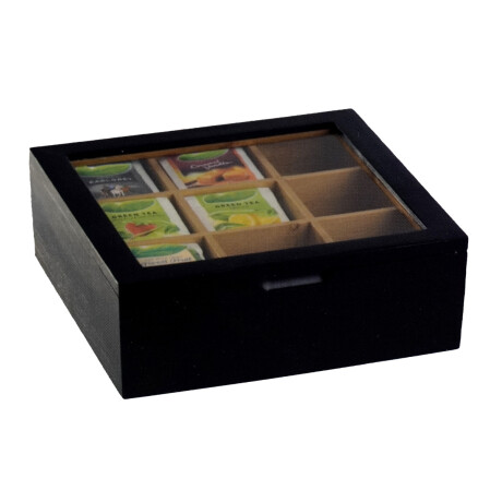 CAJA DE TE MADERA COLOR NEGRO TAPA VIDRIO 9 DIVISIONES 22X22X8.5CM CAJA DE TE MADERA COLOR NEGRO TAPA VIDRIO 9 DIVISIONES 22X22X8.5CM