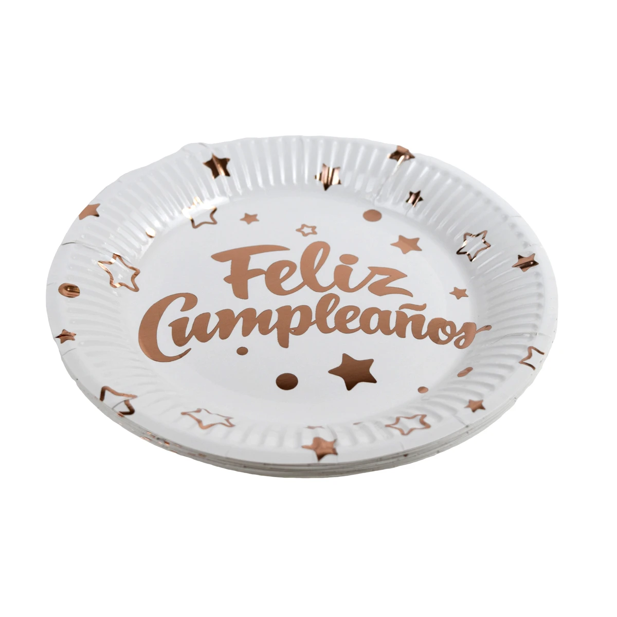 Platos de papel metalizados diseño de feliz cumpleaños 