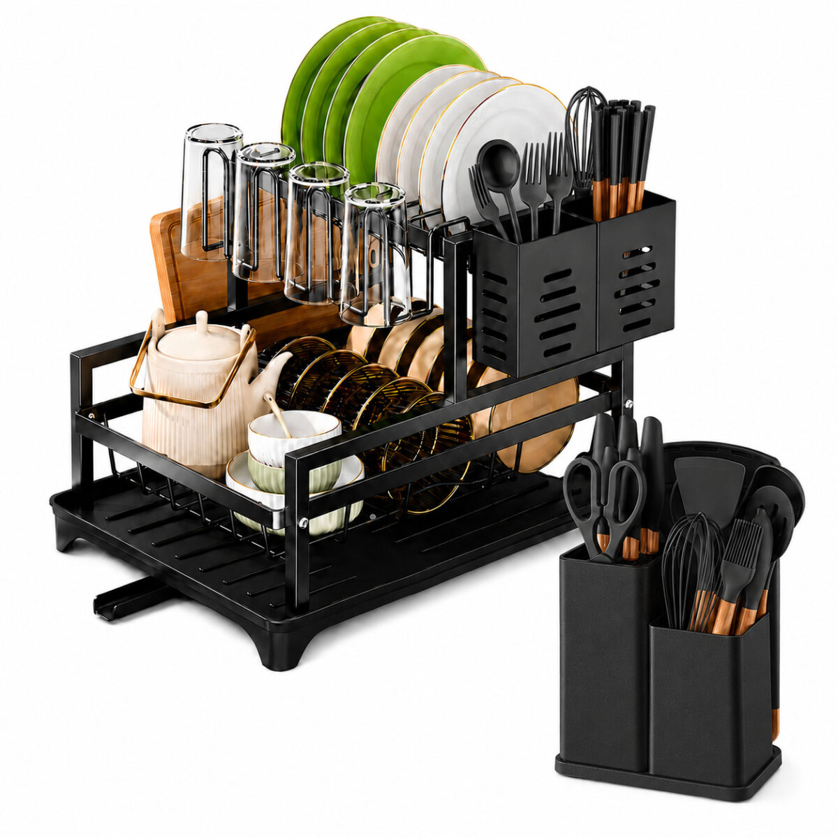 Set Utensilios Cocina 19Pz + Escurridor 2Niv Drenaje Autom - Negro 