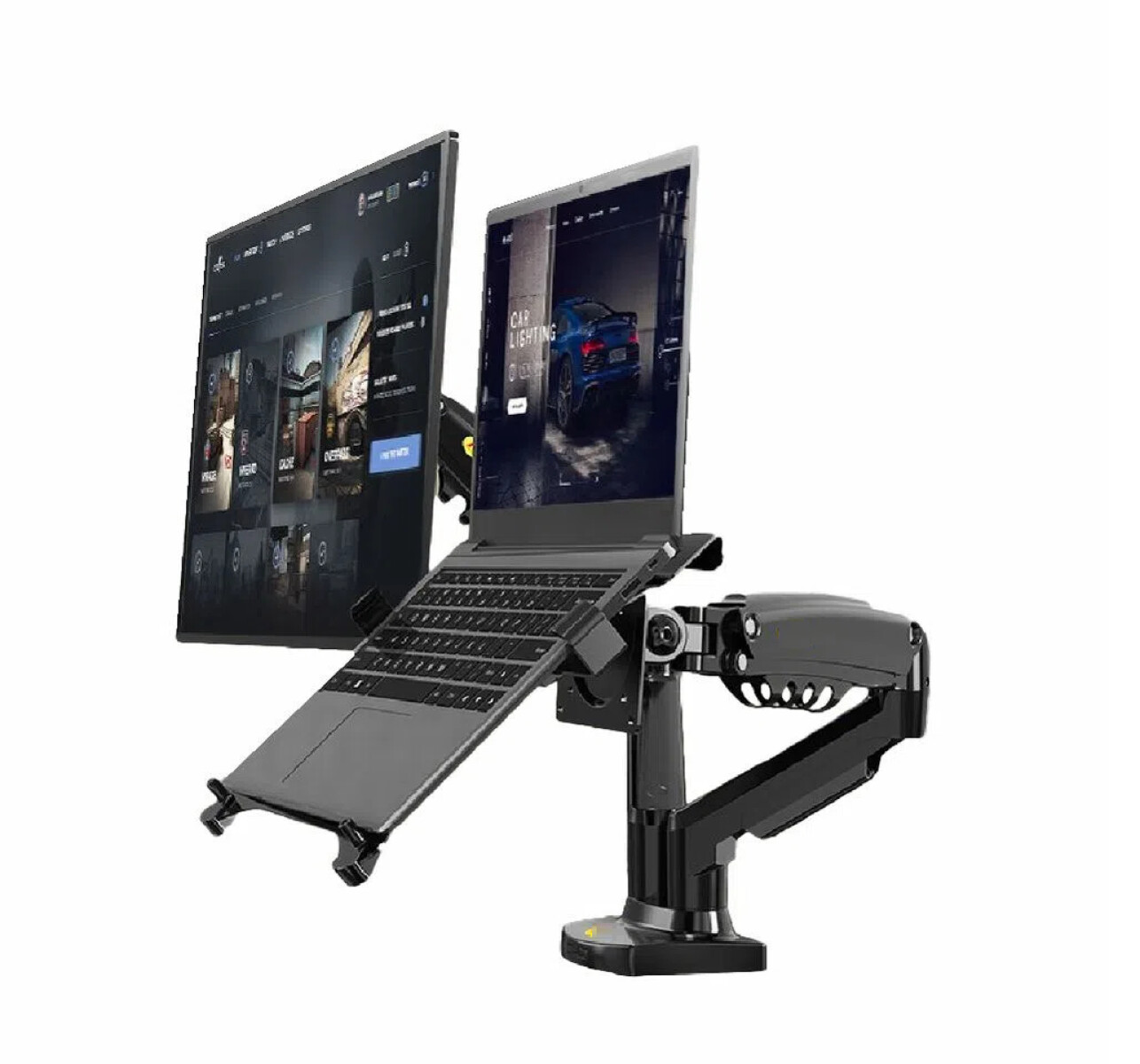 Soporte Doble para Monitor de 17" a 30" + Bandeja Soporte Notebook Sistema a Gas 