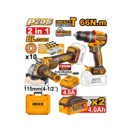 Combo a Bateria INGCO Amoladora Angular 115mm + Taladro Atornillador con Percutor 20V Con 2 Baterias 4.0AH y Cargador