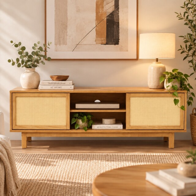 RACK PARA TV MADERA MACIZA CON 2 PUERTAS DE RATÁN Y ESTANTES RACK PARA TV MADERA MACIZA CON 2 PUERTAS DE RATÁN Y ESTANTES
