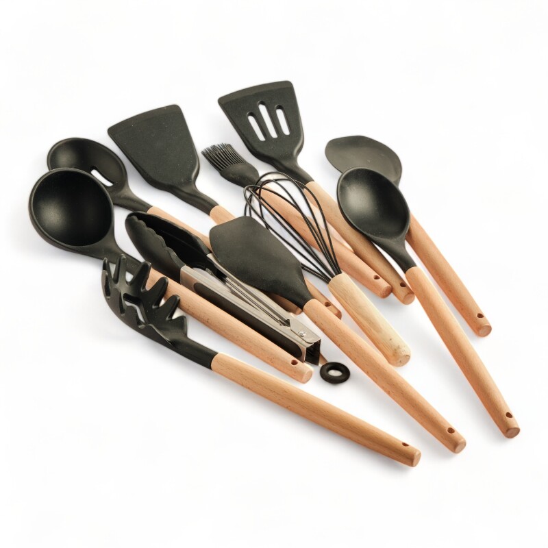 Set Utensilios Cocina Inicial Silicona Madera Plus Gourmet Negro