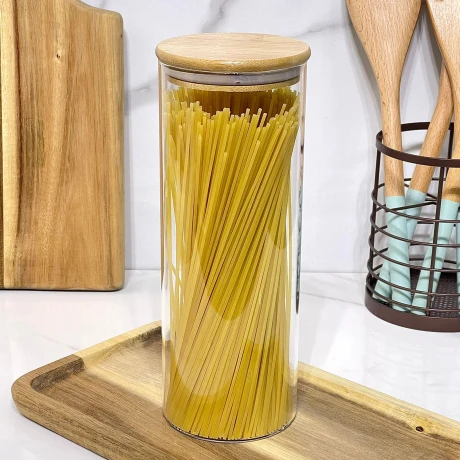 Recipiente Hermético Multiuso Vidrio C/Tapa Bambú 1500ML (Alto 25cm x Ø10cm) Recipiente Hermético Multiuso Vidrio C/Tapa Bambú 1500ML (Alto 25cm x Ø10cm)
