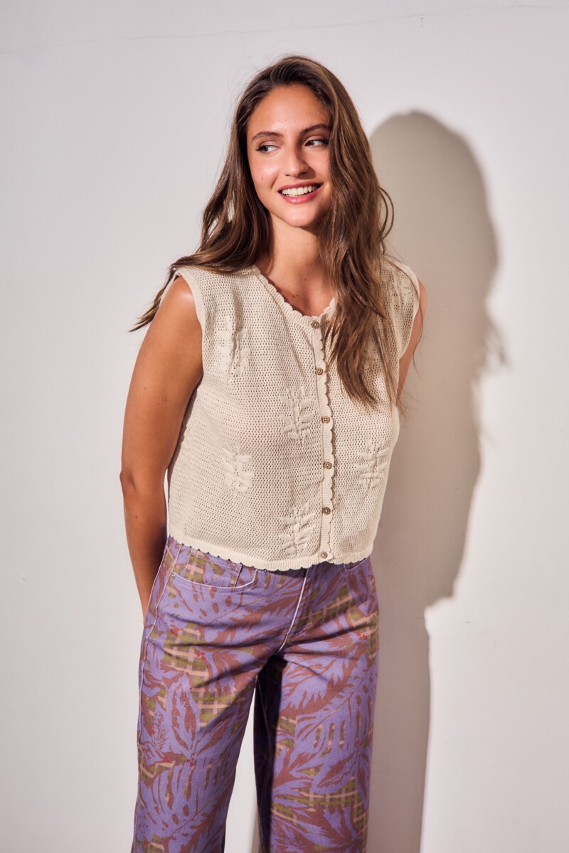 Chaleco Texturado Crochet Flores Beige Melange