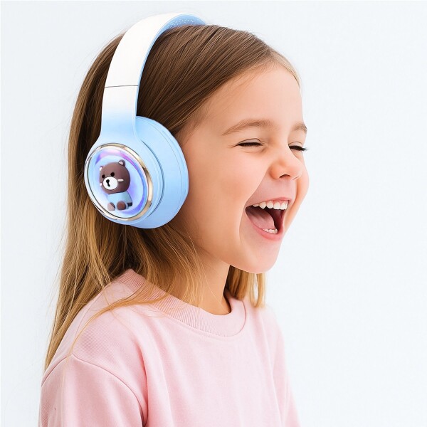 Auriculares Vincha Bluetooth Inalambricos Luces Microfono Variante Diseño Oso Celeste