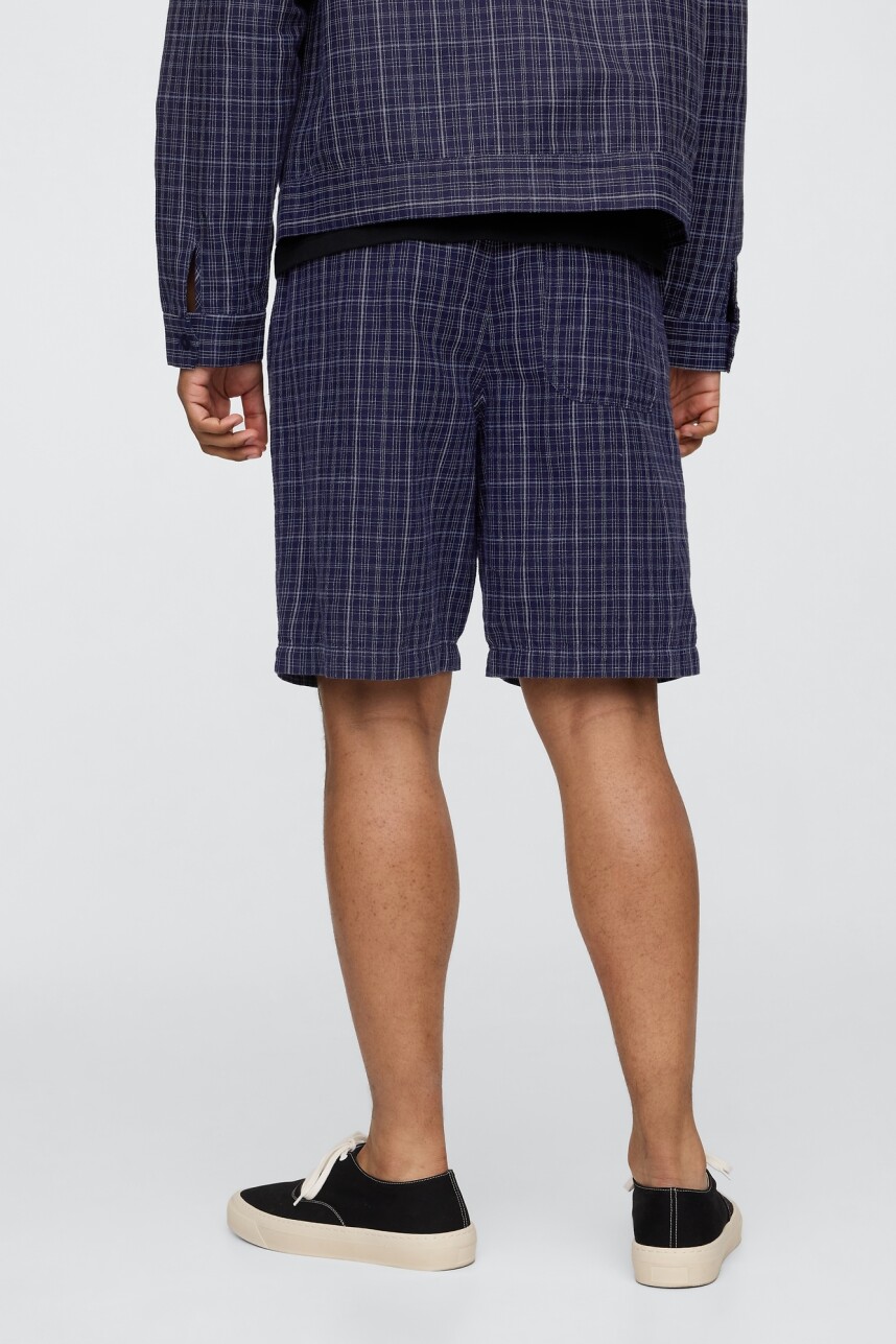 Short De Lino Con Elástico Hombre Blue Plaid