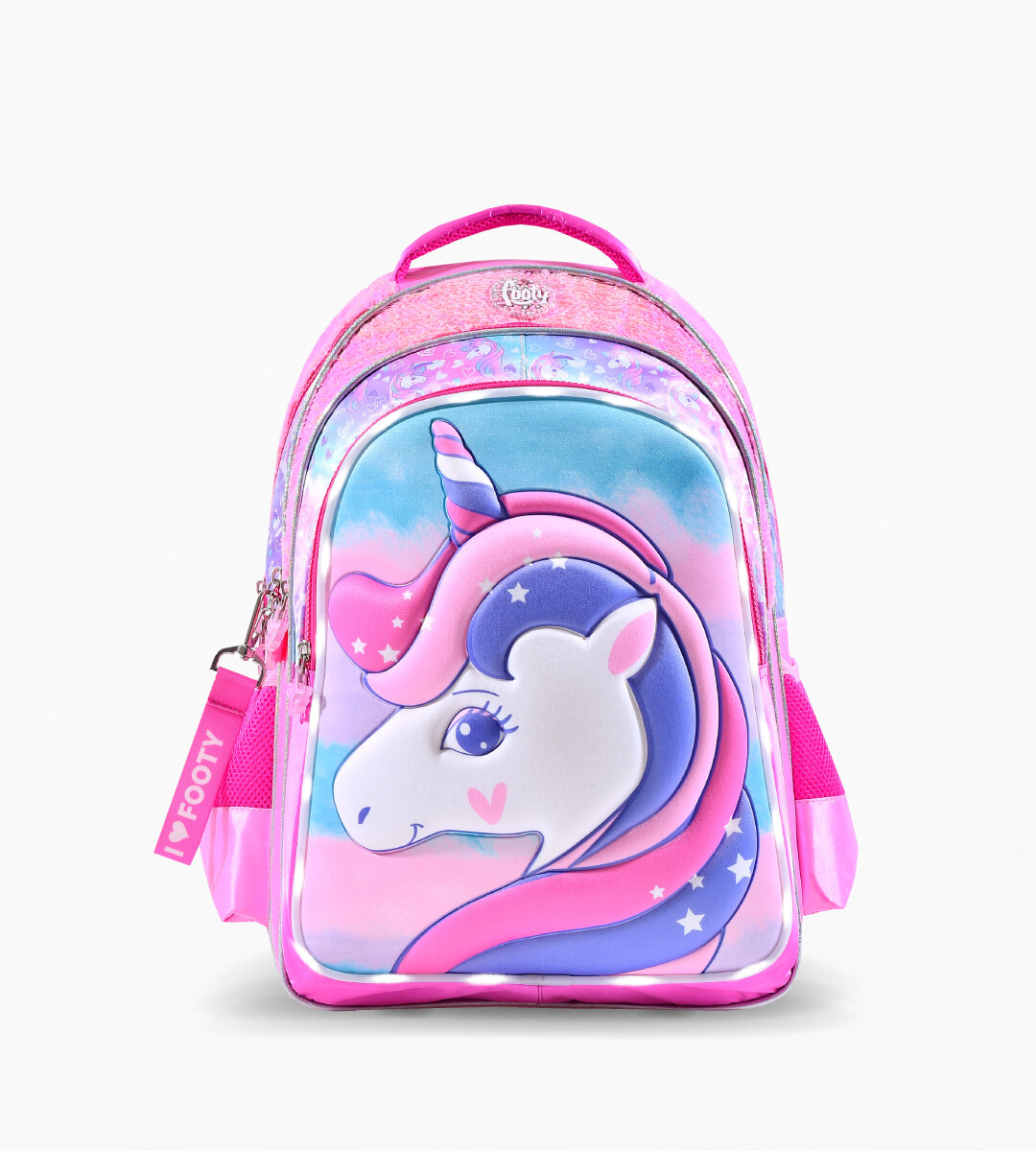 Mochila Footy Unicornio Relieve con Luz Led - Rosa - Fucsia - Verde Agua 