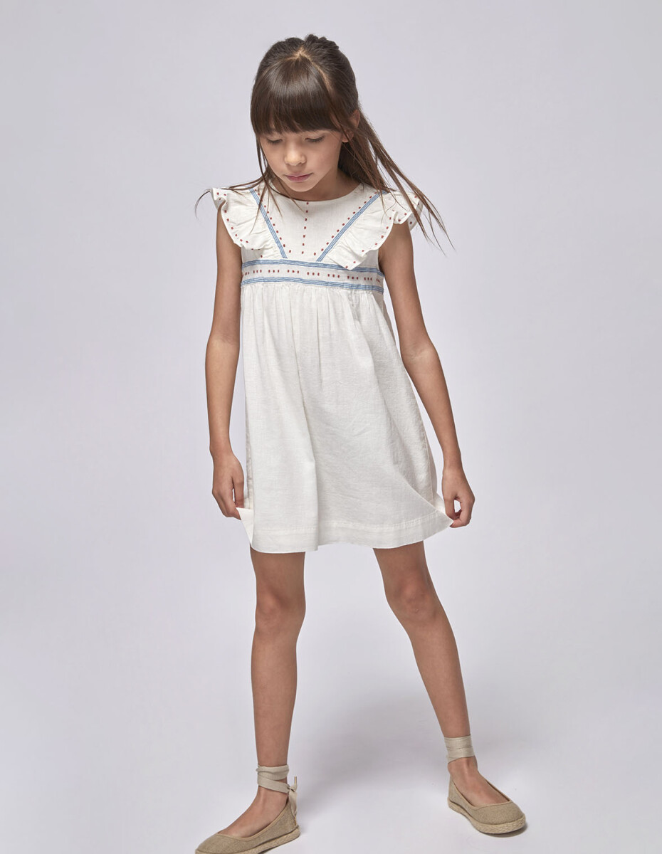 Vestido Con Bordados A Contraste - Blanco Roto 