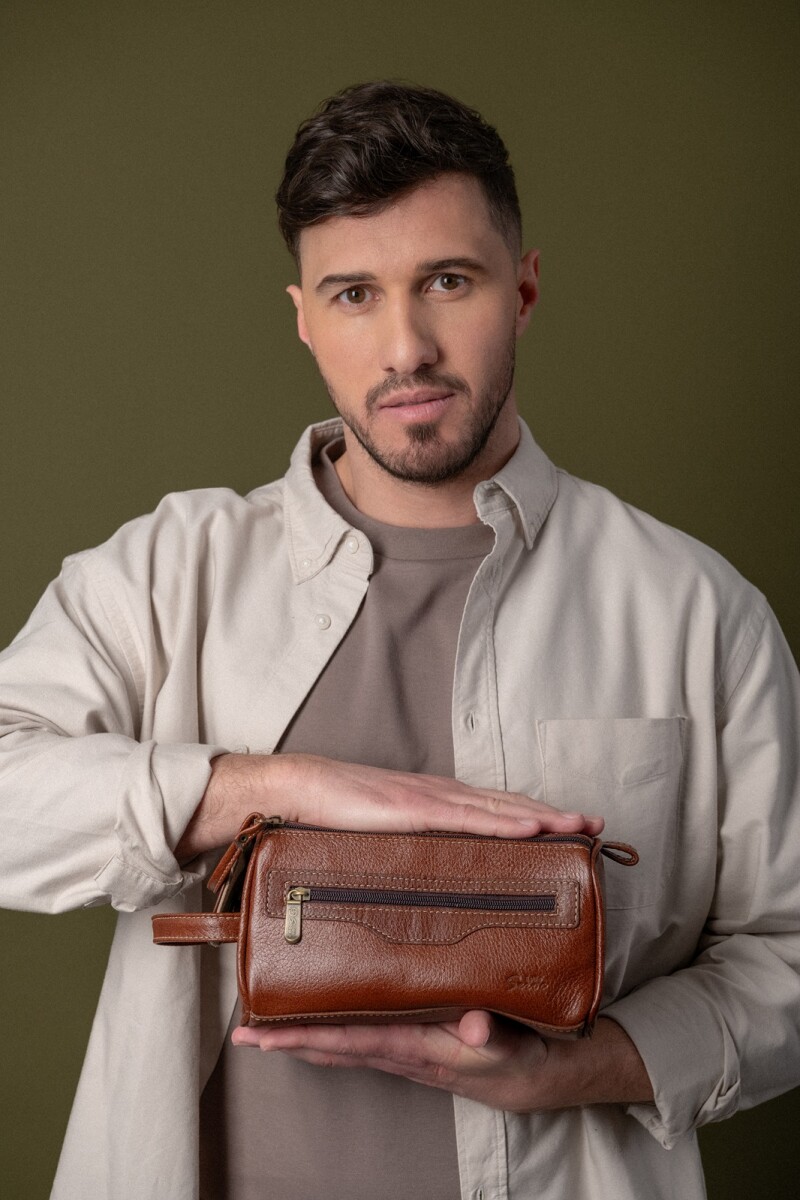 Neceser de cuero doble cierre Marron claro