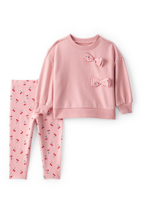 Set dos piezas de algodón, pantalón y buzo, rosado, diseño cerezas. Talles 6-24M Sin color