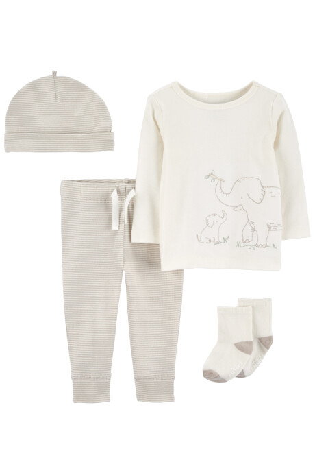 Set cuatro piezas de algodón, pantalón, remera, medias y gorro, diseño elefante Set cuatro piezas de algodón, pantalón, remera, medias y gorro, diseño elefante