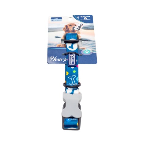 COLLAR DISEÑO CINTA LILI REGULABLE M 38-45 CM AZUL C/HUESITOS Y LUNARES