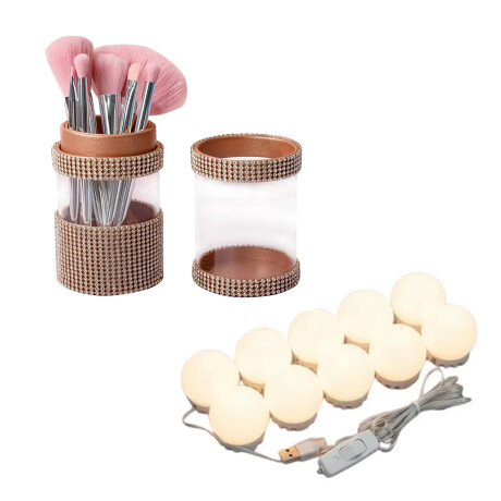 Set Maquillaje 7 Brochas Suaves + Luces LED Espejo 10 Focos Rosa
