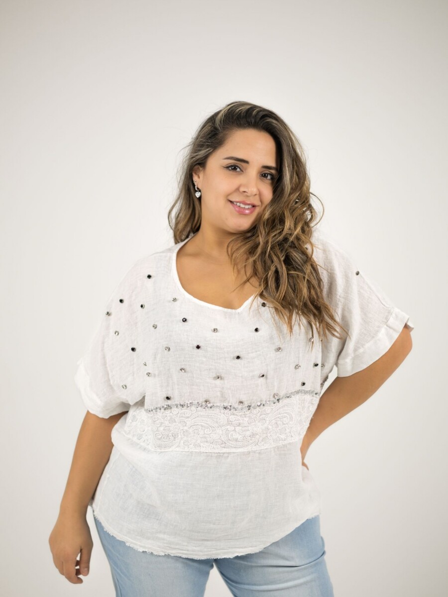 Blusa 100% lino Con strass bordado y lentejuelas Blanca
