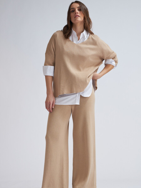 Camiseta manga corta escote en V tejida Beige