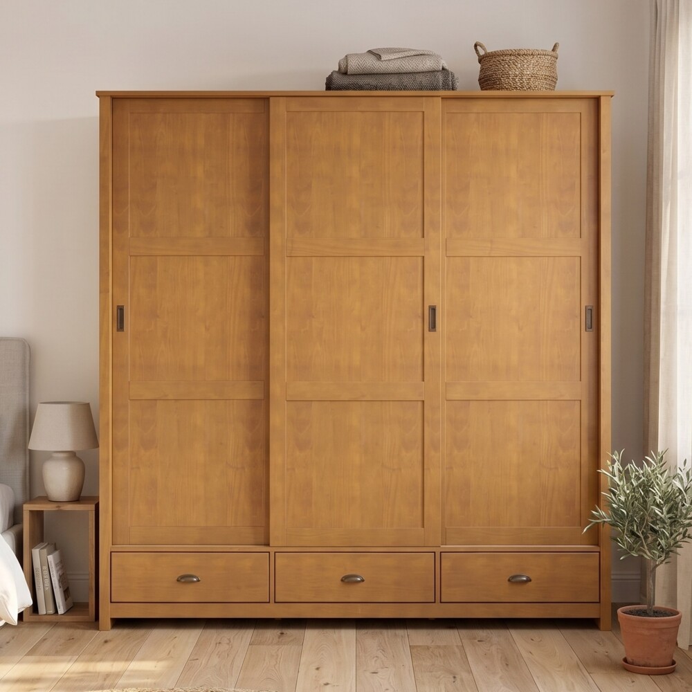 Ropero 3 puertas corredizas 3 cajones - Madera maciza Marron