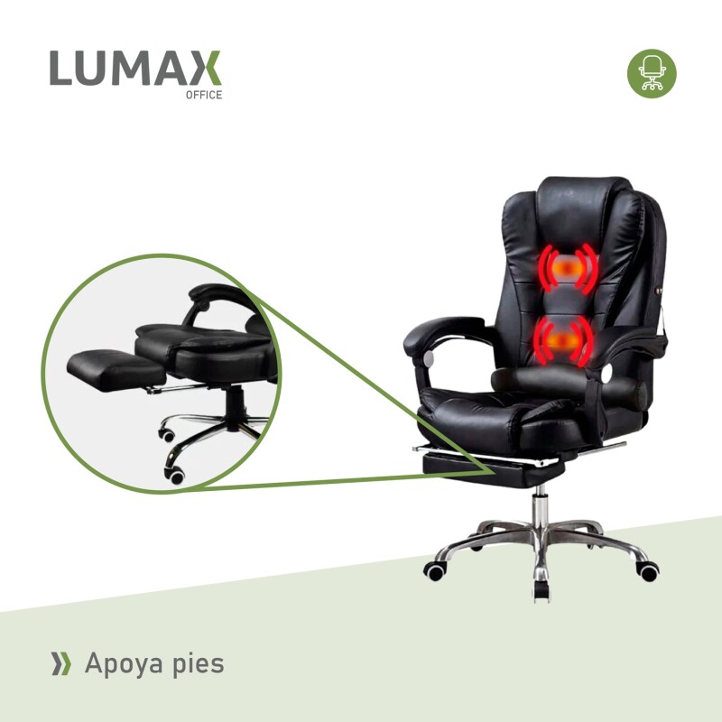 Silla Ejecutiva en cuero Lumax Modelo Miles con Apoyapies y 2 Puntos de Masaje Negro