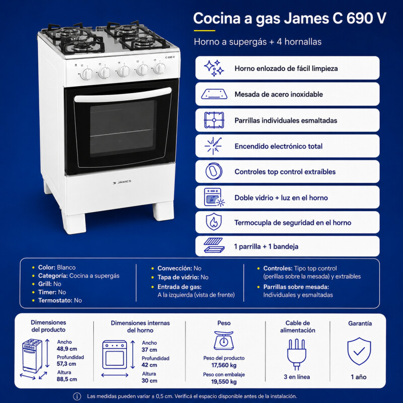 Cocina A Gas James 4 Hornallas C 105 B - Blanca Cocina A Gas James 4 Hornallas C 105 B - Blanca