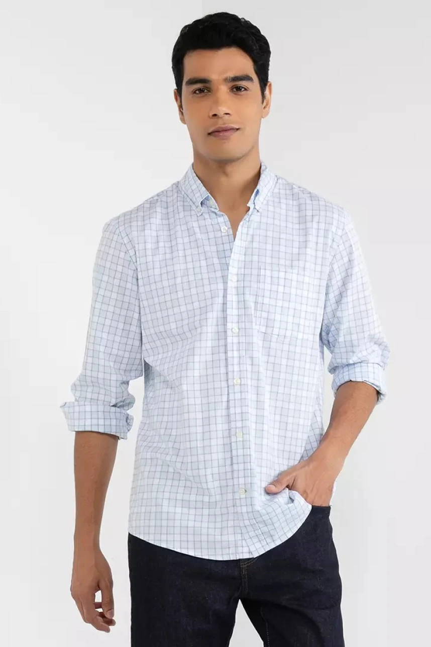 Camisa Hombre Standard Stretch Poplin Blue Plaid Combo B