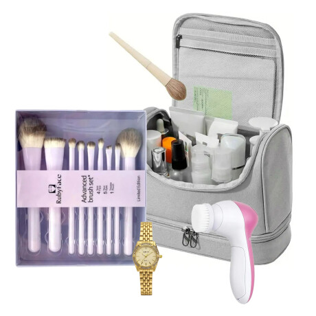 Set Reloj Mujer+7 Brochas Maquillaje+Neceser+Spa Facial 5en1 Dorado