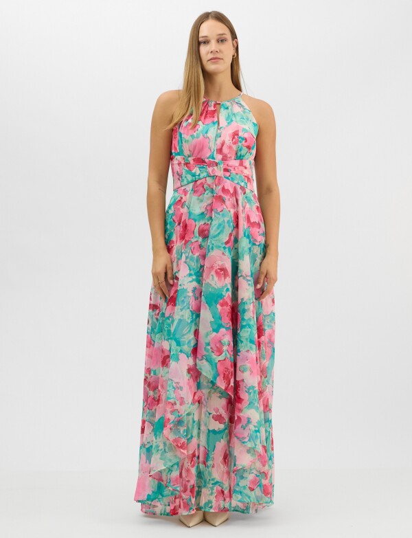 Vestido Largo Estampado Floral Con Cuello Halter MULTI/ROSA