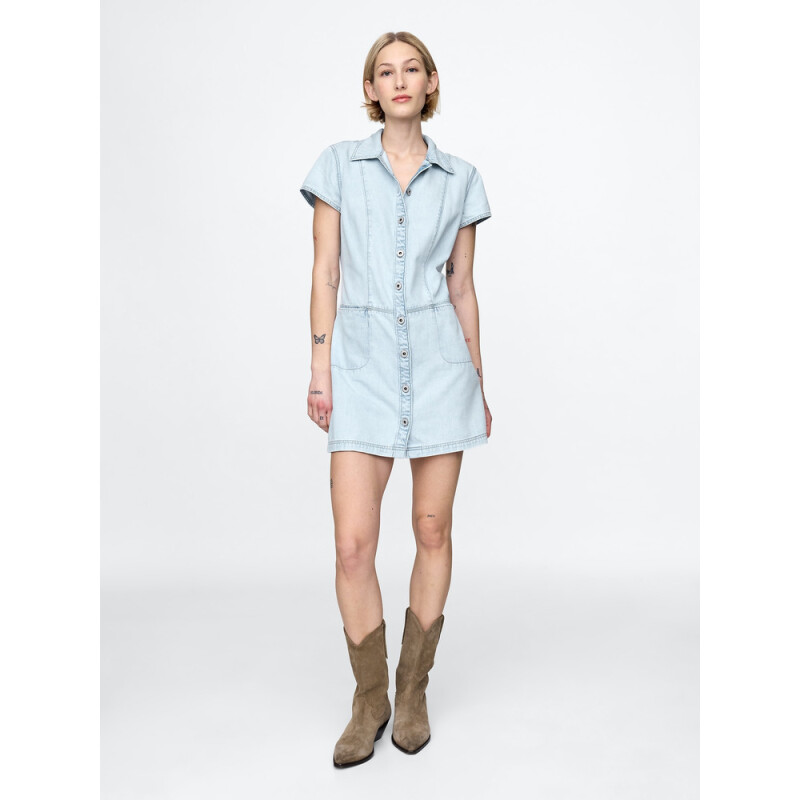 BTTN THRU SHIFT MINI DRESS- LT PERETTI LIGHT WASH