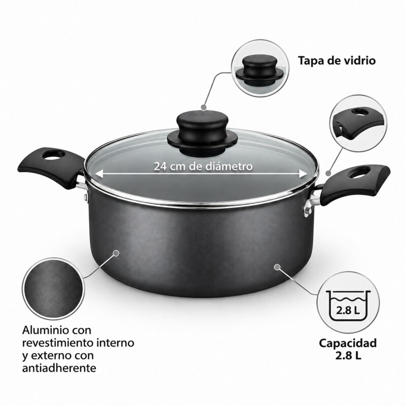 Cacerola Tramontina 24cm Antiadherente con Tapa de Vidrio 4.7L Cacerola Tramontina 24cm Antiadherente con Tapa de Vidrio 4.7L