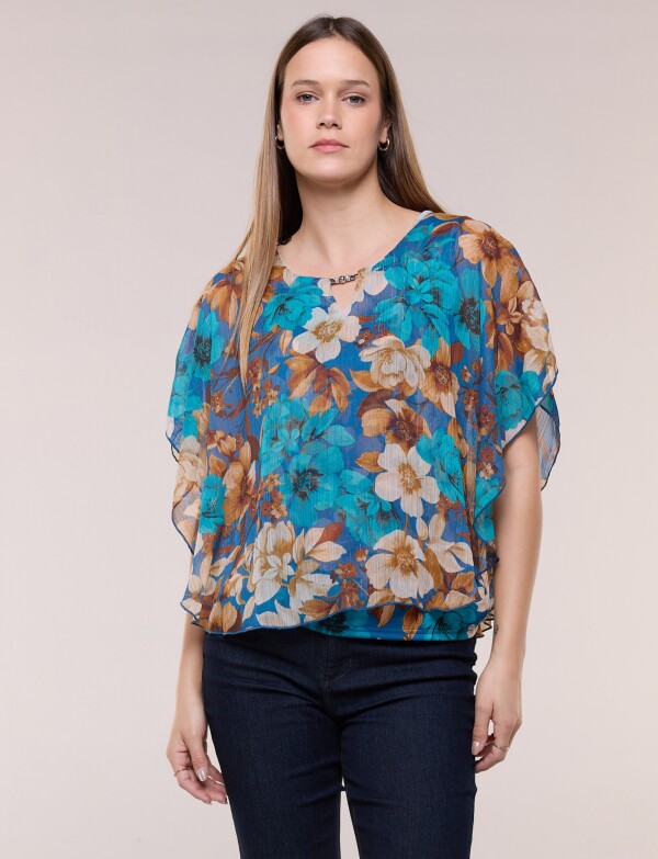 Blusa Gasa Estampada Floral Con Lúrex AZUL/MULTI