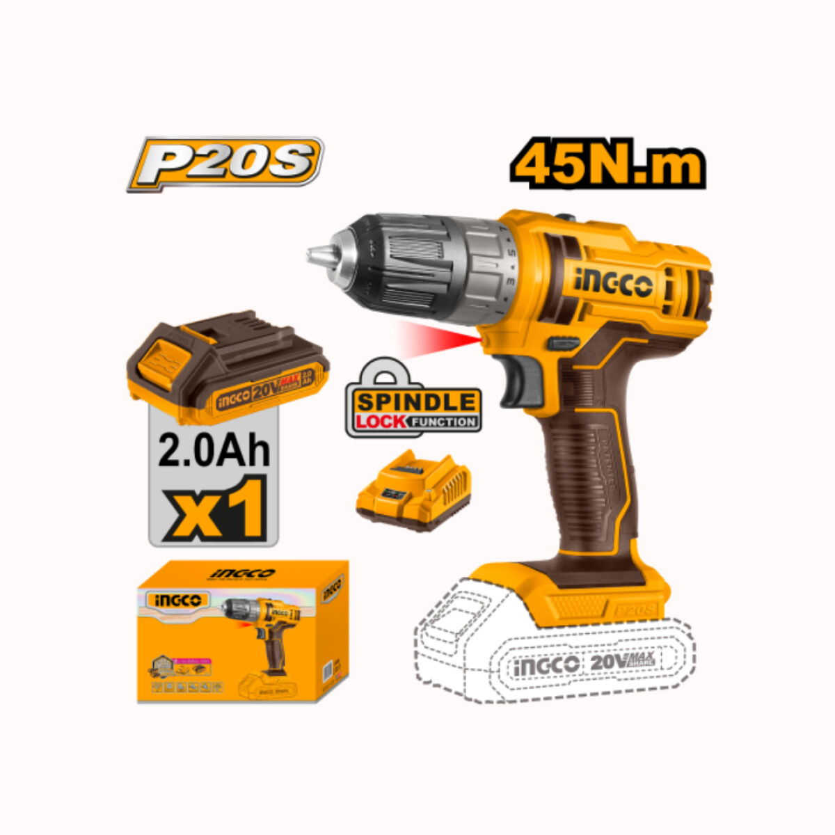 Taladro INGCO Inalámbrico de Iones de Litio - 20V 