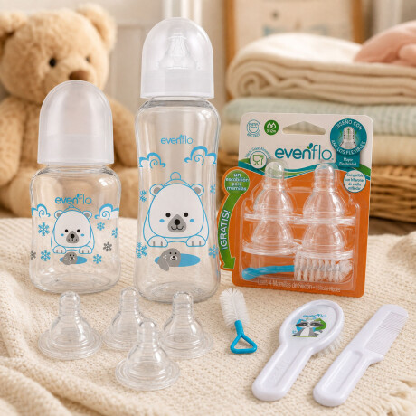 Set Evenflo 2 Mamaderas 120/240ml + Tetinas + Peine Cepillo Blanco