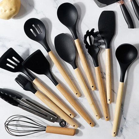 Set de utensilios de cocina 12 accesorios con soporte en ba Negro