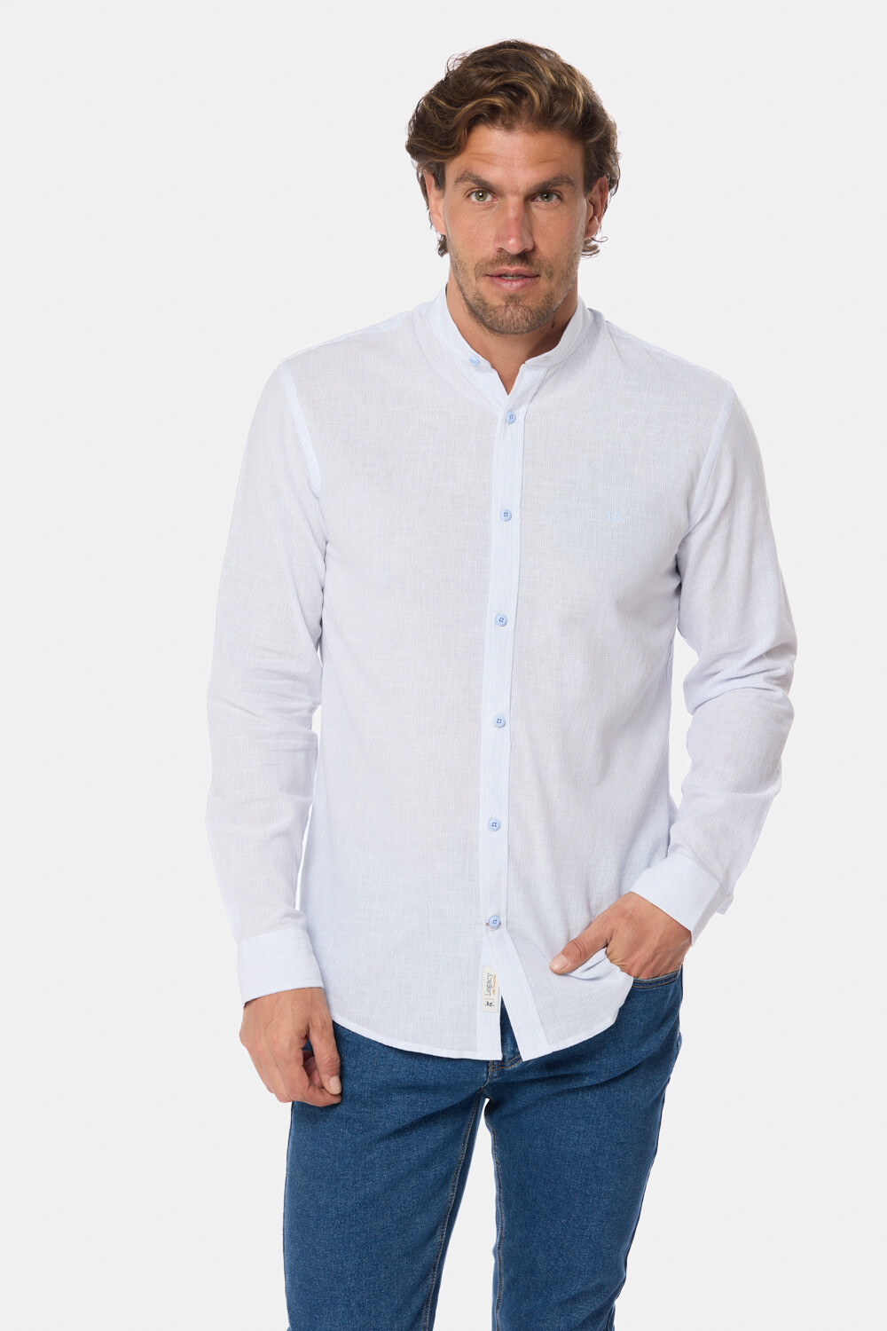 CAMISA RAYADA DE LINO CUELLO MAO Celeste