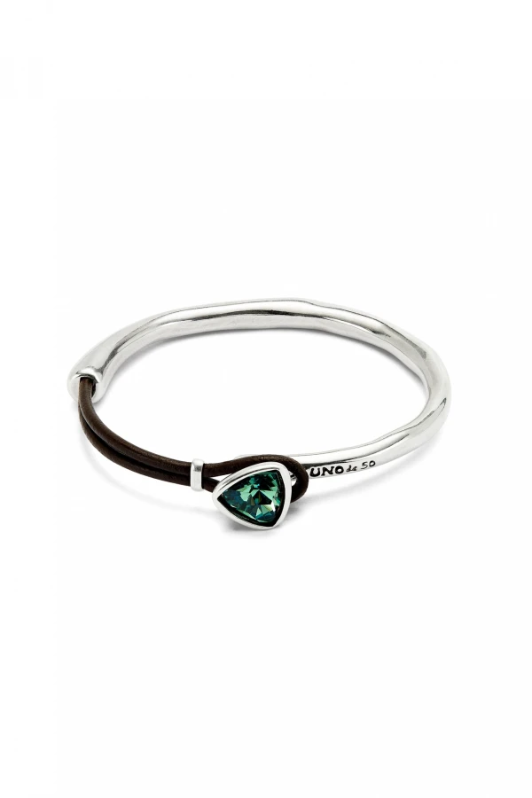 PULSERA FINA CON ALEACIÓN DE METALES BAÑADA EN PLATA DE LEY CON CUERO Y CRISTAL FACETADO VERDE Pulsera