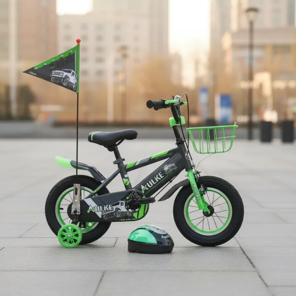 Bicicleta rodado 16 con rueditas, canasto, casco y banderita Verde