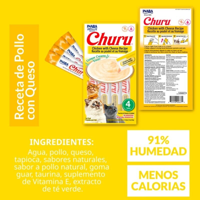 CHURU SNACK HUMEDO POLLO CON QUESO PACK X 4 TUBOS