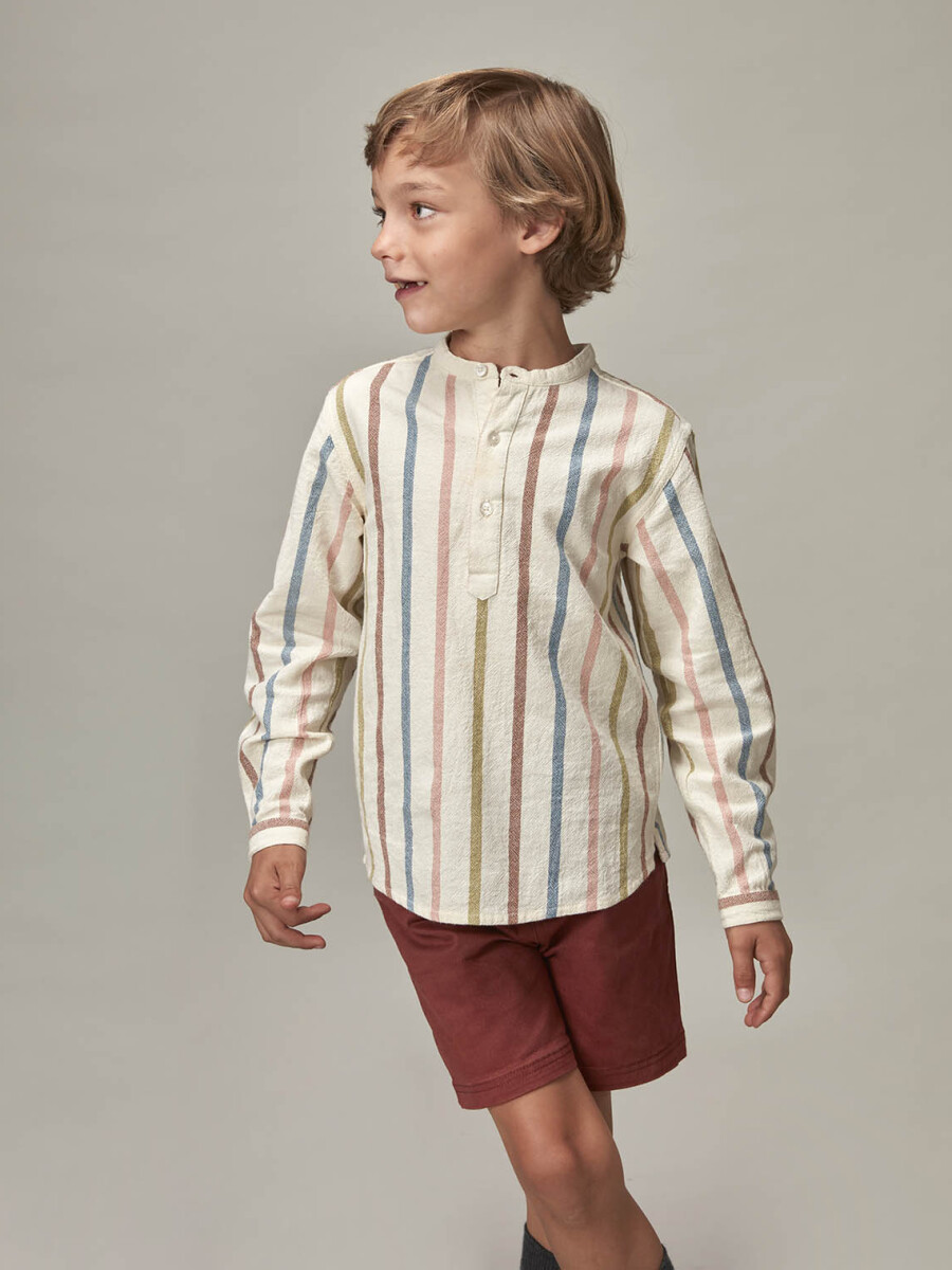 Camisa Cuello Mao Rayas Multicolor Crudo