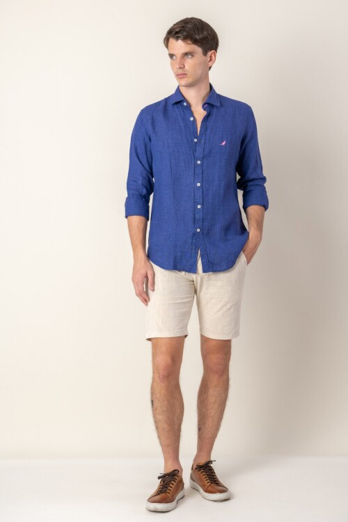 Camisa short collar lino Dark blue