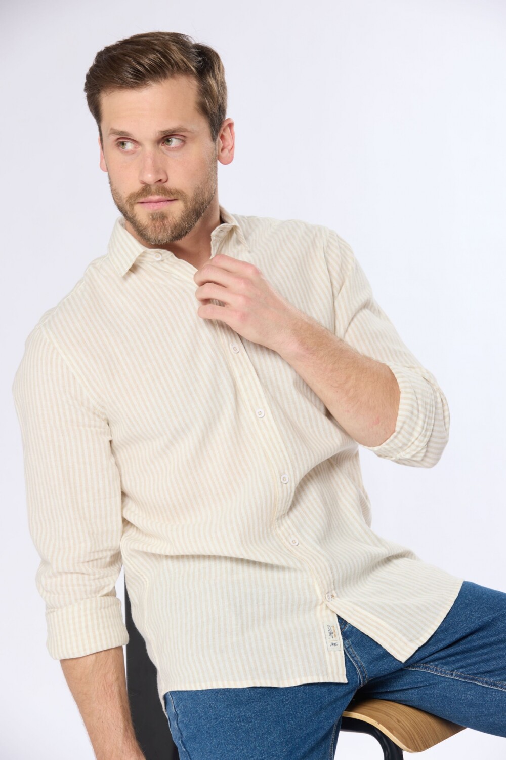 CAMISA DE LINO RAYADA Beige