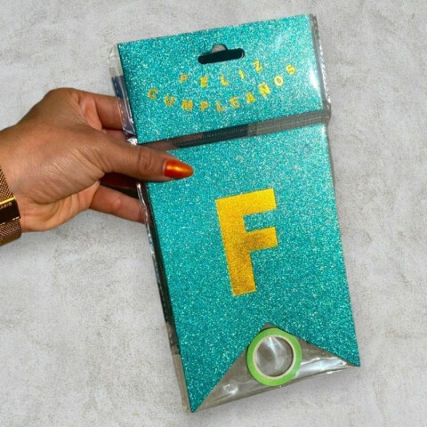 Banderín Feliz Cumpleaños con Brillos Verde Agua
