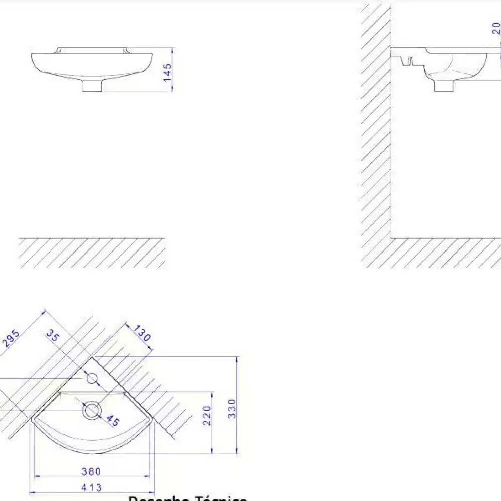 Bacha suspendida esquinera 41x33 cm c/mesa blanco Deca Bacha Suspendida Esquinera 41x33 Cm C/mesa Blanco Deca