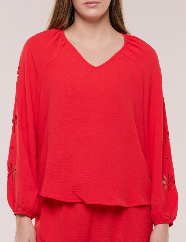 Blusa Con Calado Lateral Floral ROJO