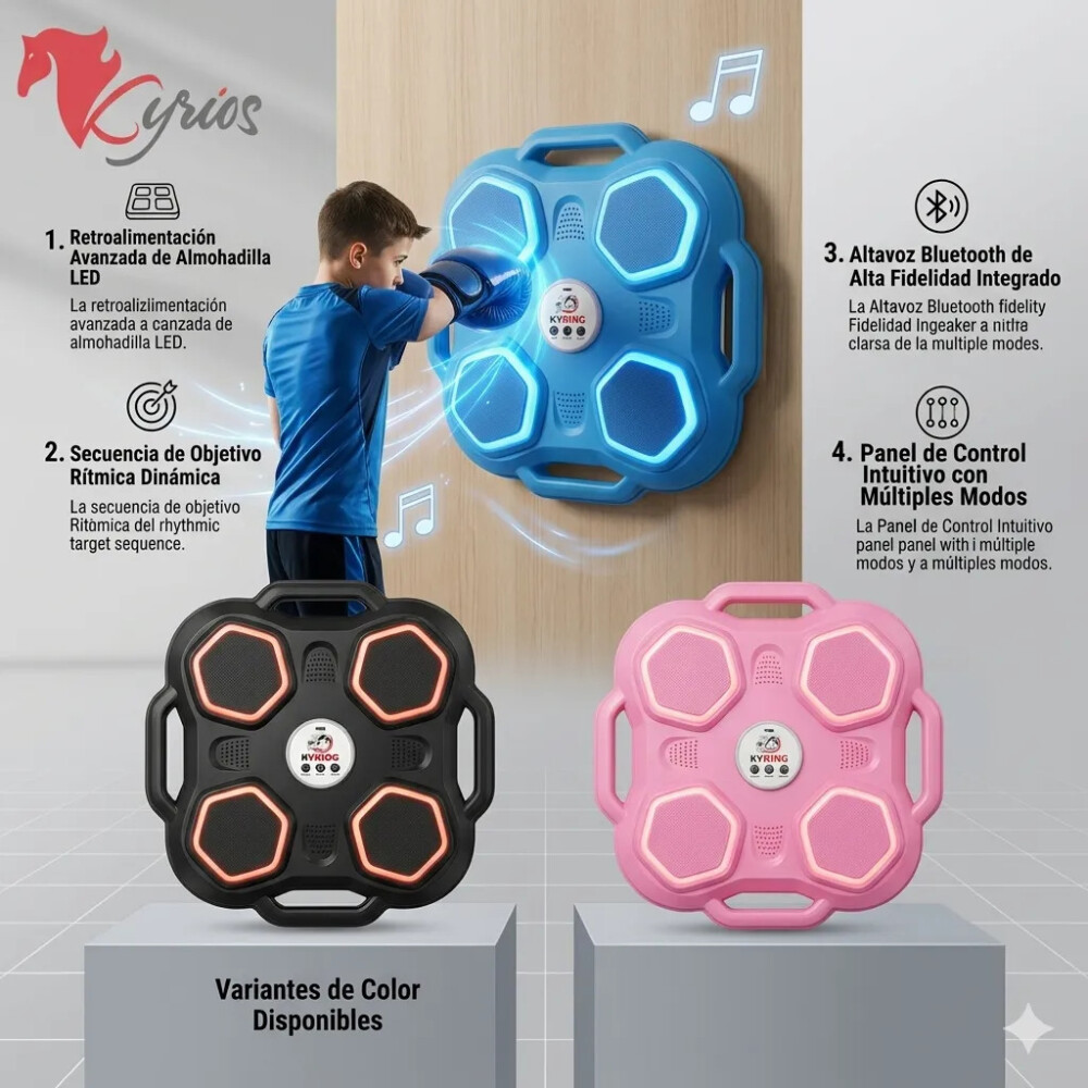 Maquina de boxeo con bluetooth, luces led y guantes. Azul
